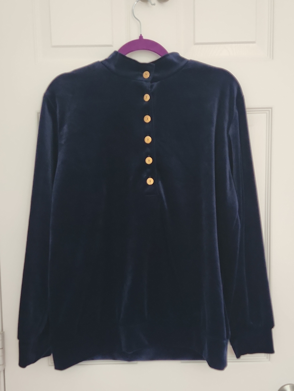 90s Vintage Cozy Fall Willow Ridge Navy Velvet Henley Top with Gold Buttons